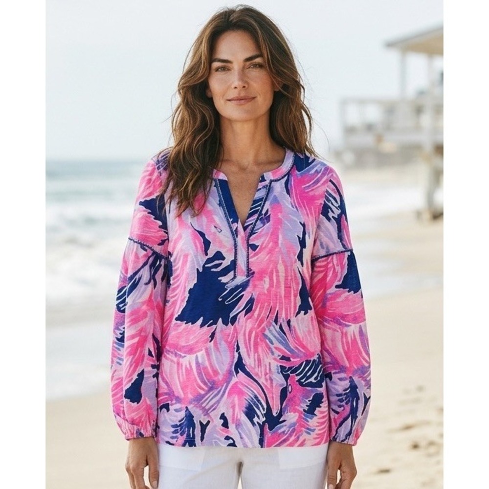 New Lilly Pulitzer Large Kalissa Tunic Top Blouse Shirt Blue Paradise Point L
